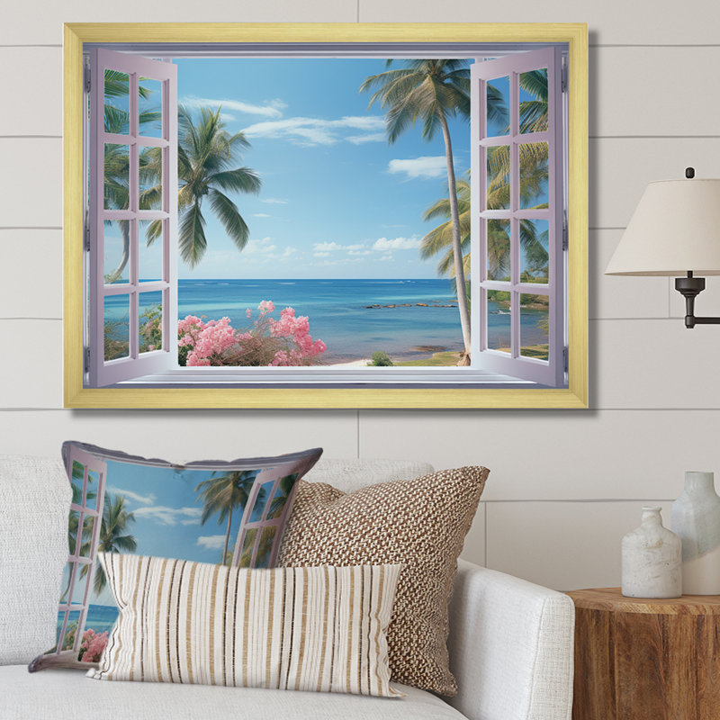 Vue sur l'océan tropical à travers une fenêtre blanche ouverte - art mural sur toile côtière, H 16 po x l 32 po x P 1 po