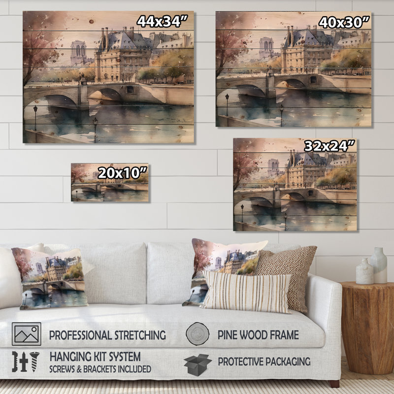 Aquarelle de Paris France IV sur bois, H 30 po x l 40 po x P 0,78 po