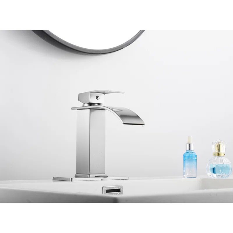 Waterfall Single Handle Single Hole Low-Arc Bathroom Faucet Drip-Free Vanity Sink Faucet With Drain Kit, Brushed Nickel