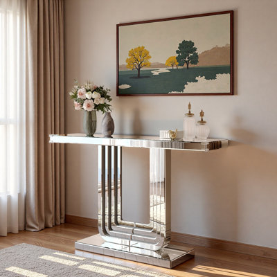 Console à miroir argentée avec base en U et lignes épissées à la main