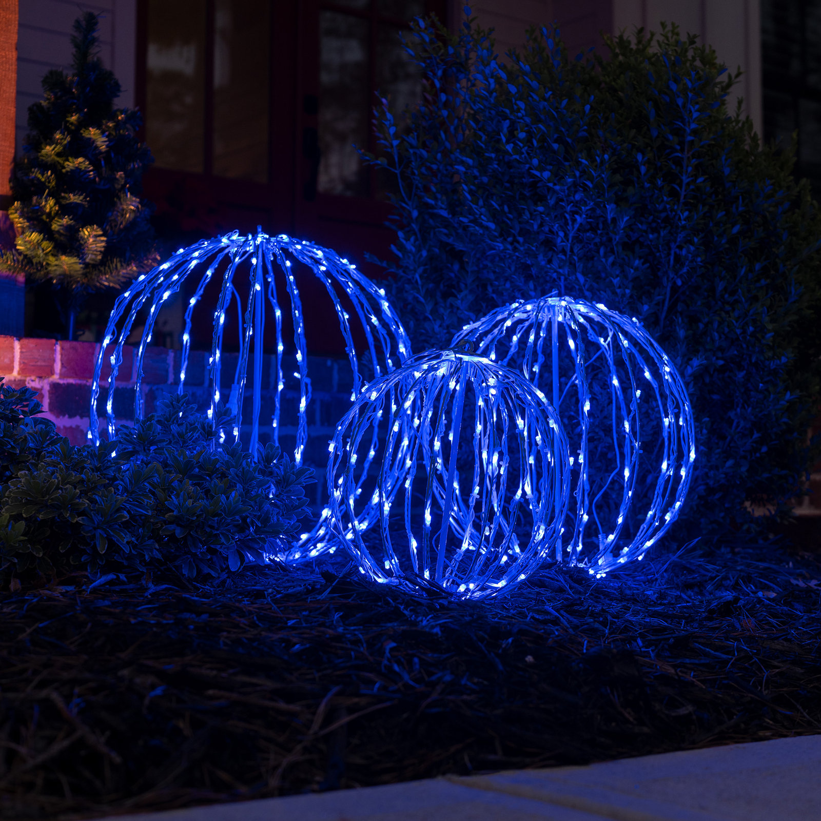 Fold-Flat LED Metal Sphere Light, Blue, 8" H x 8" W x 8" D