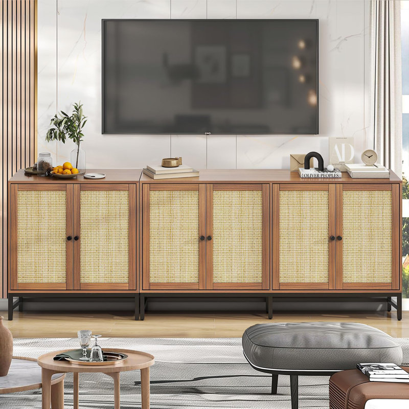 90.5" Walnut Rattan Buffet Sideboard with 6 Doors – Large Mid-Century Modern Storage Cabinet for Kitchen, Living & Dining Room
