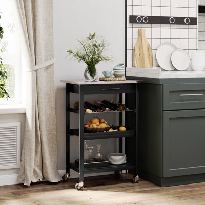 Îlot de cuisine - plateau de table en acier inoxydable avec support à vin et tiroir, plateau de service polyvalent et polyvalent