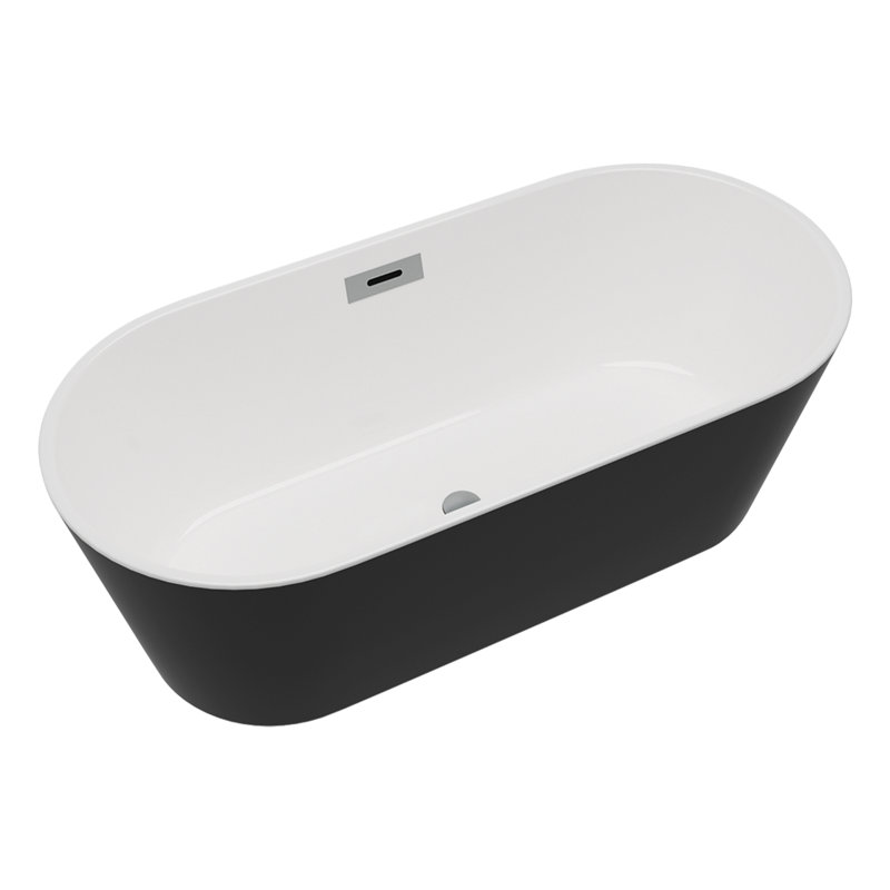 59 Inch Oval Acrylic Freestanding Bathtub, Modern Soaking Tub with Integrated Drain and Overflow, Black Exterior and White Interior Design