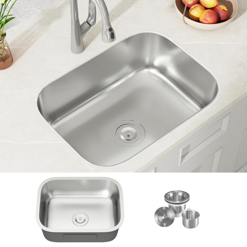23" x 18" Undermount Bar/RV Small Sink Single Bowl Kitchen Sink with Basket Strainer