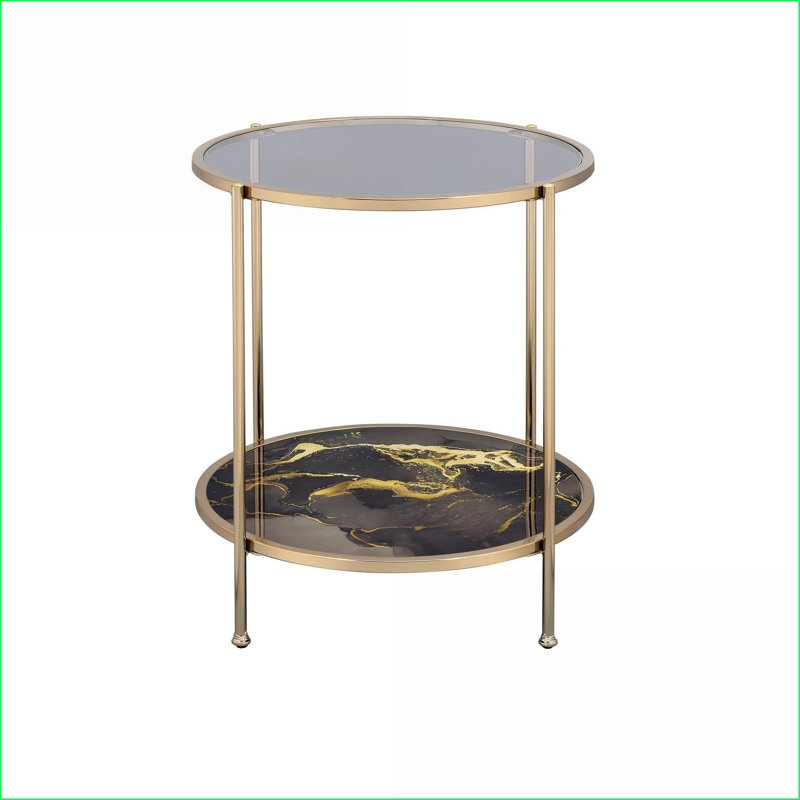 Table basse à impression en marbre noir avec structure en métal doré, plateau en verre facile à nettoyer et amp; Tablette de rangement supplémentaire