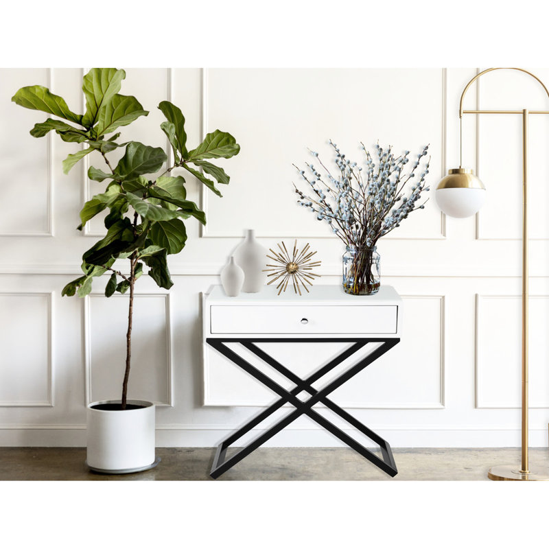 Table en bois blanche 23 po avec plateau en verre trempé, tiroir et base en métal avec pieds noirs