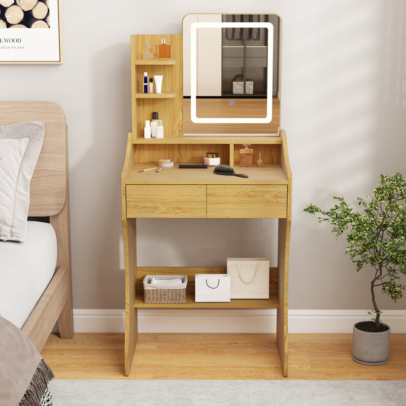 23.8" Vanity Desk with Lighted Mirror, Small Makeup Vanity with 2 Drawers for Bedroom, Yellow