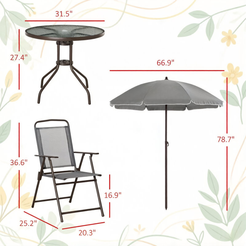 Ensembles de salle à manger de patio moderne, ensemble compact en verre et acier avec parasol