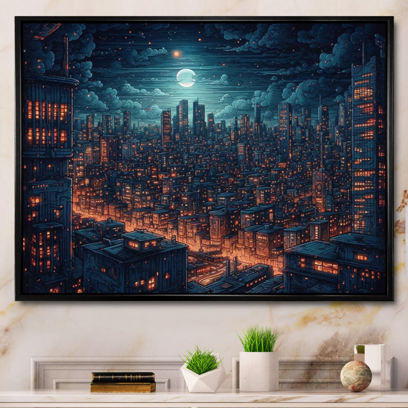 «Blue and Orange Elegance In Expanse», reproduction sur toile encadrée, H 24 po x l 32 po x P 1 po, Cadre flottant noir