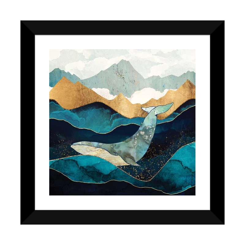 Baleine bleue - reproduction d'art, Blanc, H 16 po x l 16 po x p 1 po, Papier encadré noir