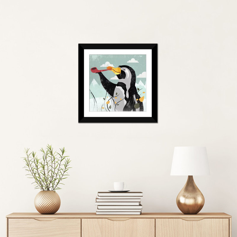 « pingouin à la toile », impression sur toile, H 16 po x l 16 po x P 1 po, Papier d'art encadré noir, Blanc