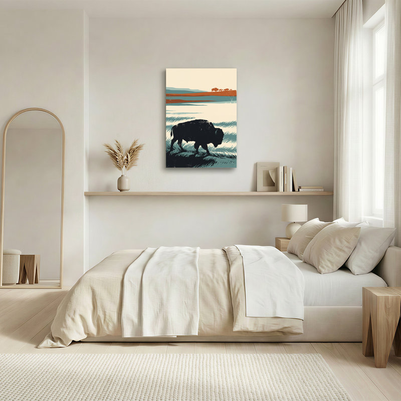 Art mural sur toile, "Bison noir" et "Troupeau d'oranges" sur fond bleu et crème, 24"H x 18"W