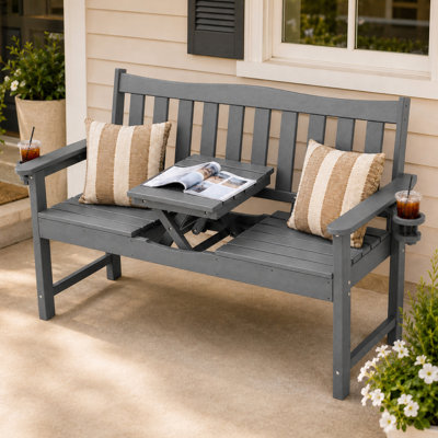 HDPE Outdoor Patio Garden Bench with Foldable Table & Cup Holders, Convertible 1-3 Person All-Weather Outdoor Bench for Patio Backyard