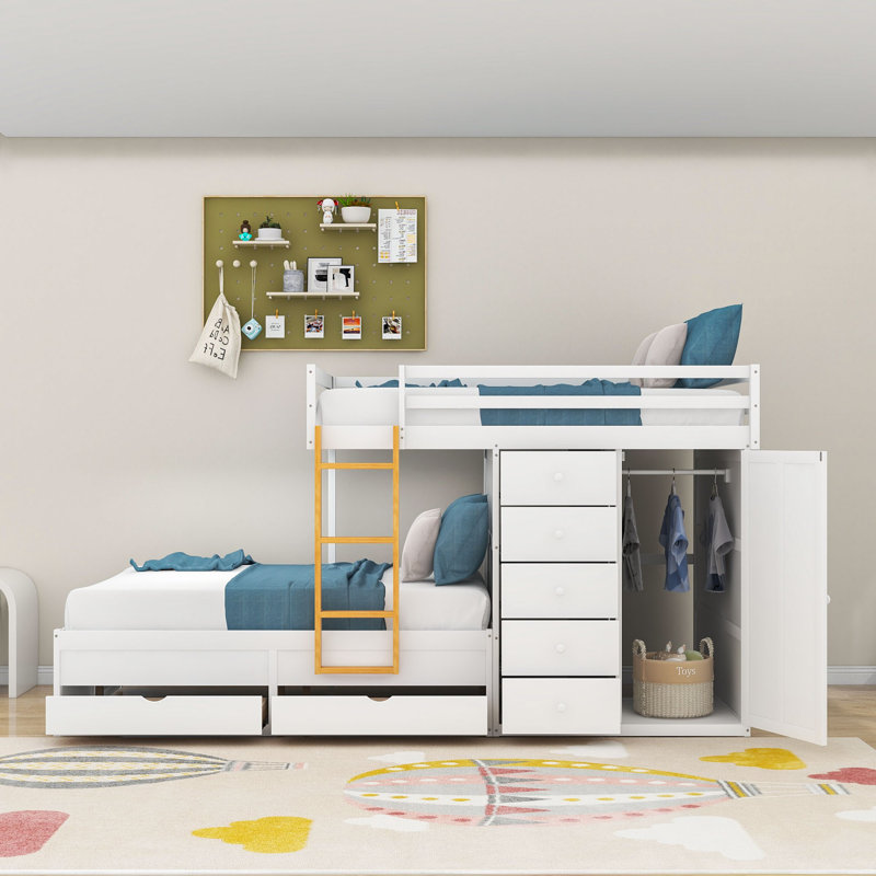 Lit superposé avec tiroirs et garde-robe, Blanc