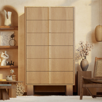 Fluted 6 Drawer Tall Dresser, 51" Height Modern Chest with Wooden Handles and Reinforced Legs, Storage Cabinet for Bedroom, Living Room, or Hallway