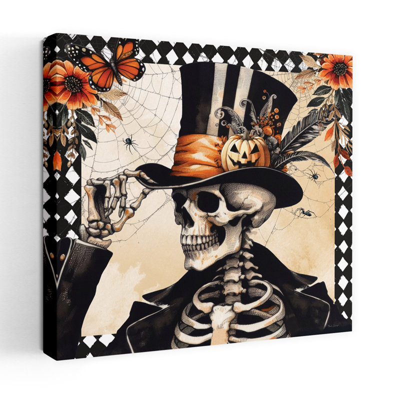 Art floral rétro squelette d'Halloween, H 36 po x l 36 po