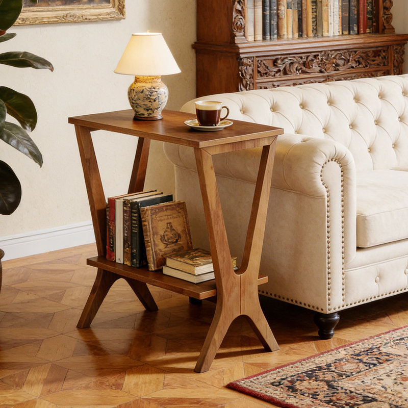Table d'appoint 23,7 po, table de bout en bois massif et tablettes de rangement à 2 niveaux
