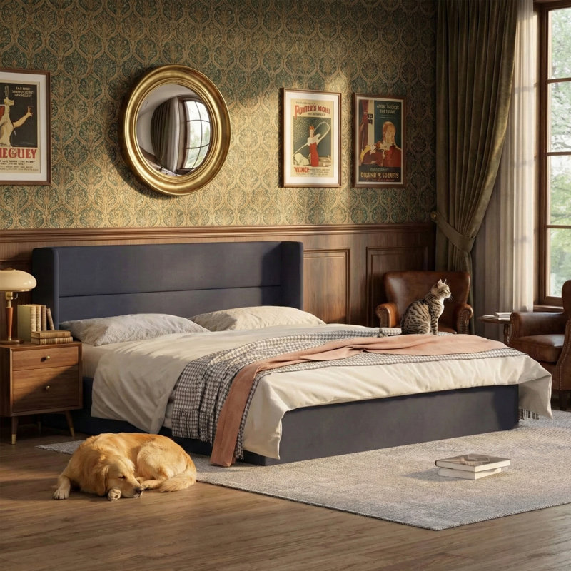 Annek Upholstered Bed Frame with Lift Up Storage, 40.9"H Wingback Headboard, Wood Slats & Metal Frame, Multiple Sizes & Fabric Options Available