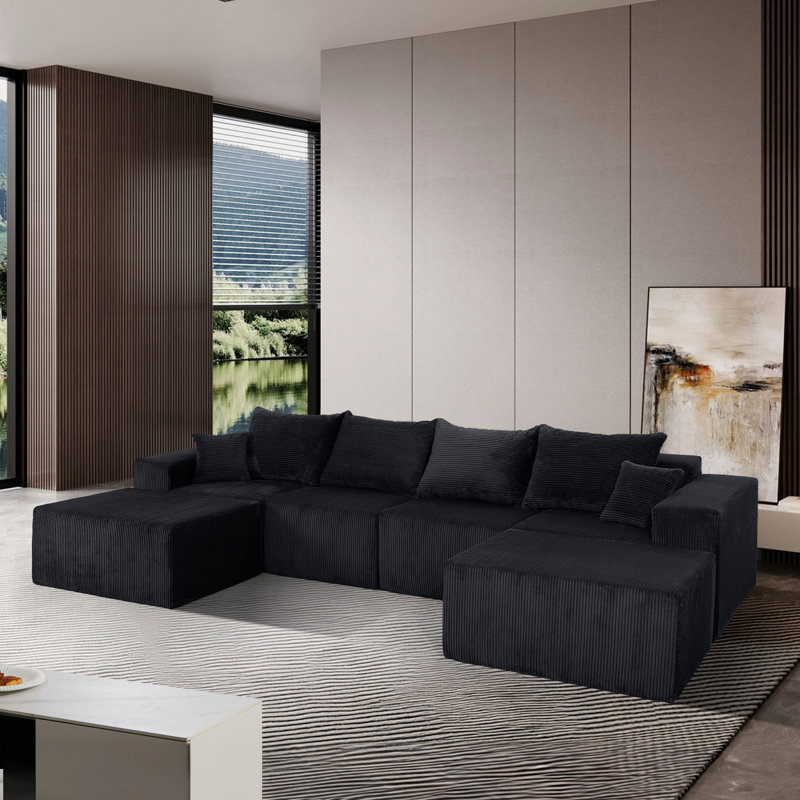 Canapé modulaire en forme de U 6 pièces en canapé convertible noir surdimensionné avec méridienne, aucun assemblage requis, revêtement en velours côtelé doux
