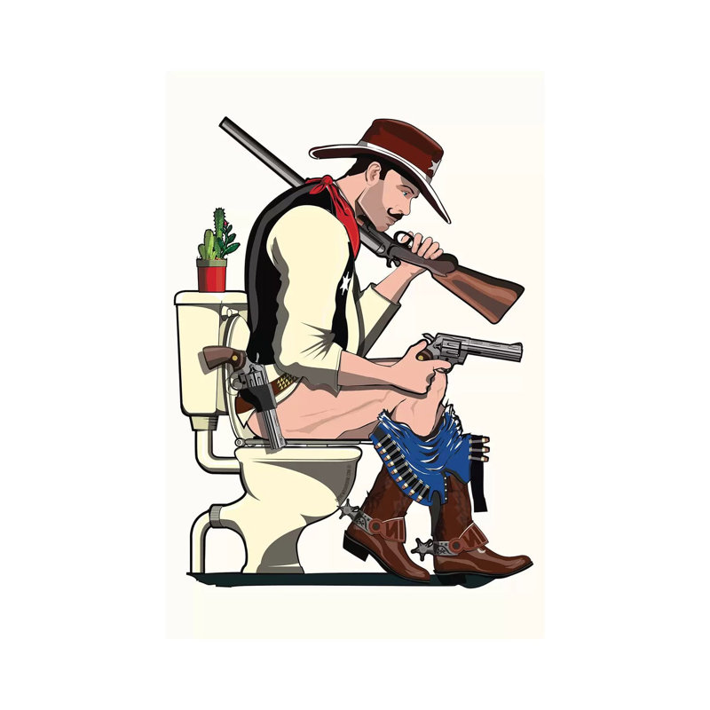 Cowboy sur la toilette - impression sur toile tendue, H 60 po x l 40po x P 1,5 po