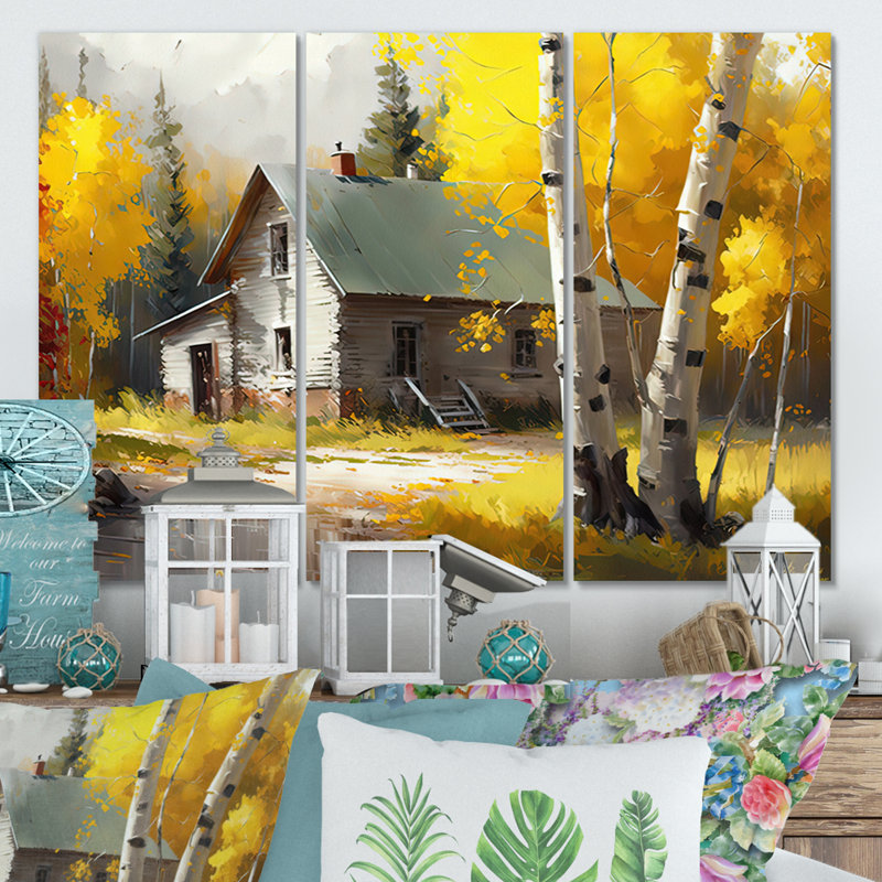 Petit chalet en automne II - ensemble d'art mural sur toile paysage, H 32 po x l 48 po x P 1 po, Toile tendue