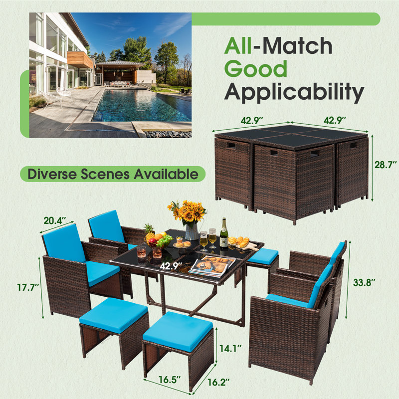 Angelos 8 - Person Wicker Patio Dining Set with Rectangular Table , Cushions Included, Blue