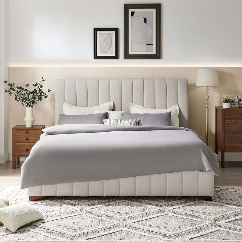Base de lit plateforme moderne tapissier avec tête de lit, Blanc, Très grand