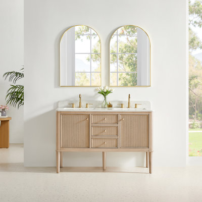 Blaise 54" Double Freestanding/Floating Bathroom Vanity in Light Oak with Grain White Engineered Stone Countertop
