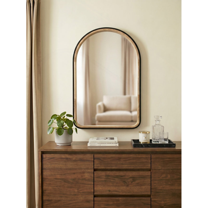 Miroir arqué 23,6 po x 35,4 po à deux tons noir mat et bois naturel
