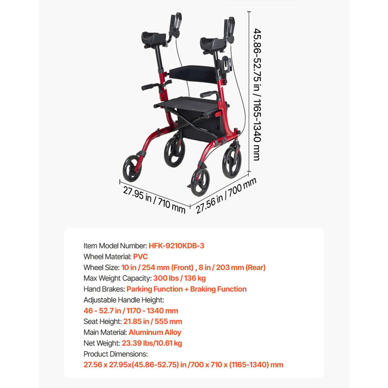 Rollator Walker With Seat For Seniors, Foldable Rolling Walker, Lightweight Aluminum Mobility Aid With Pvc Solid Wheels, Adjustable Handle, Storage Bag & Cup/cane Holder – Supports 300 Lbs