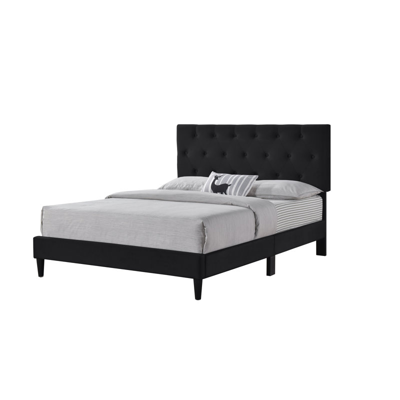 Lit plateforme en velours avec tête de lit capitonnée réglable, cadre de lit tapissier moderne, aucun sommier requis, double, noir