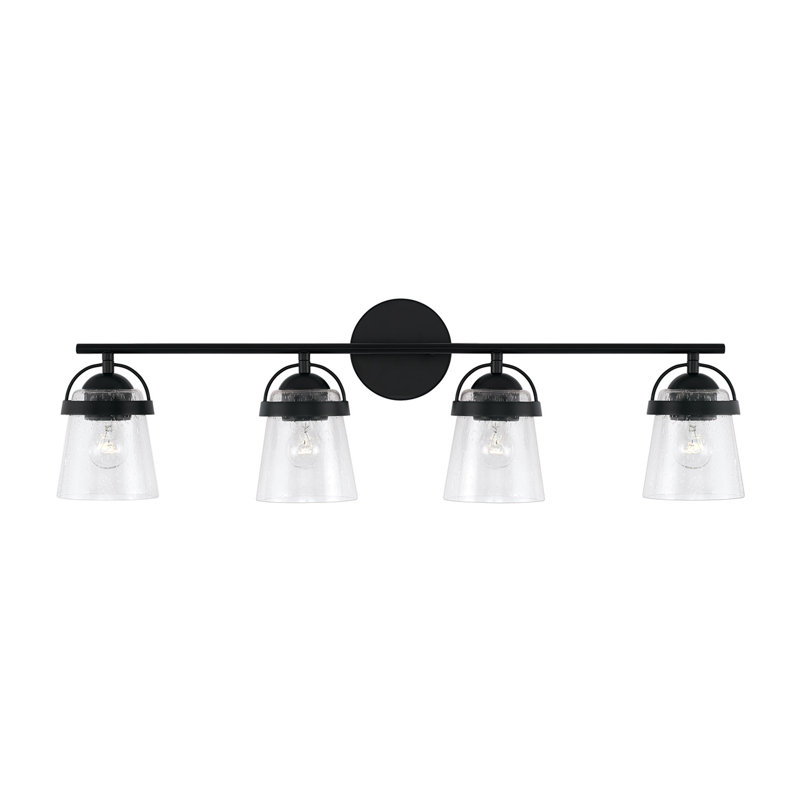 Meuble-lavabo 4 lumières en laiton vieilli l 32,5 po x H 9,5 po Lenhart avec verre bullé transparent, Noir mat