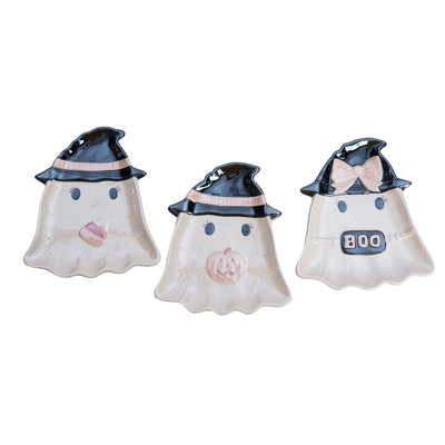 Dolomite Pearlized Bow Ghosts Appetizer Plate Set of 3 - Ceramic Halloween Dining Plates for Indoor Use, Perfect for Tabletop Decoration, Gift Giving, and Hostess Gifts - White Color