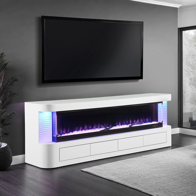 Meuble télé de style contemporain avec foyer électrique à 3 niveaux et boîte à flammes avec finition blanche et salon principal