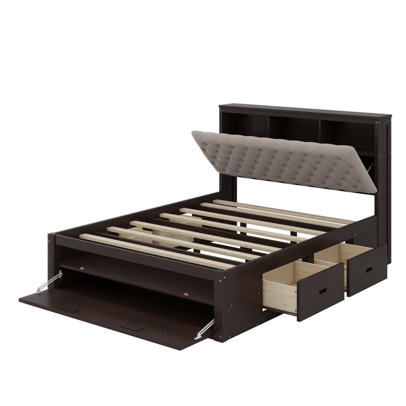 Lit plateforme en bois avec tête de lit, étagère à chaussures et tiroirs, Espresso