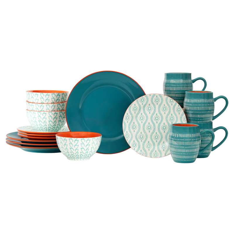 Turquoise Glazed Ceramic 16-Piece Dinnerware Set with Trim Embellishment