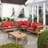 Collinward 5 - Person Seating Group with Red Cushions and Grey LED  Parasol