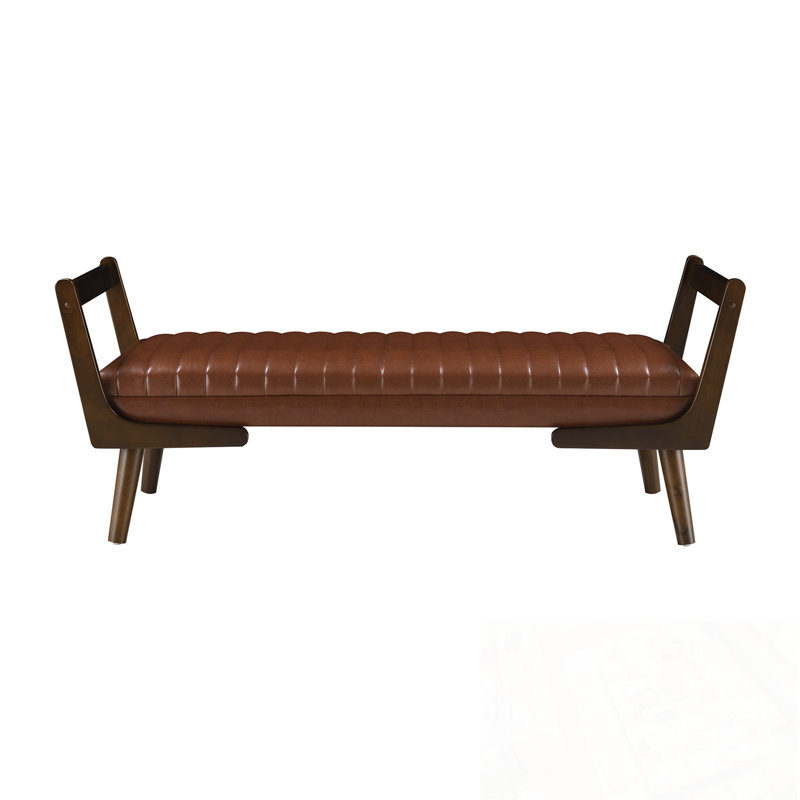 PU Bench with Arms and Wood Legs, Brown