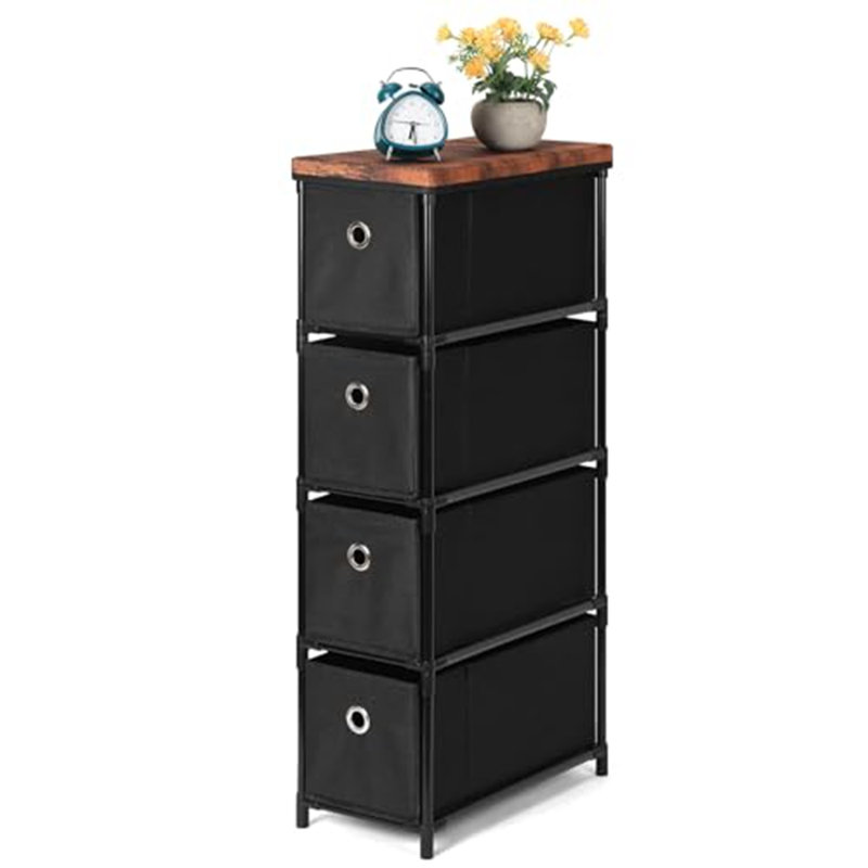 Tour de rangement à 4 tiroirs avec plateau en bois, commode en tissu de style industriel rustique, unité de rangement verticale