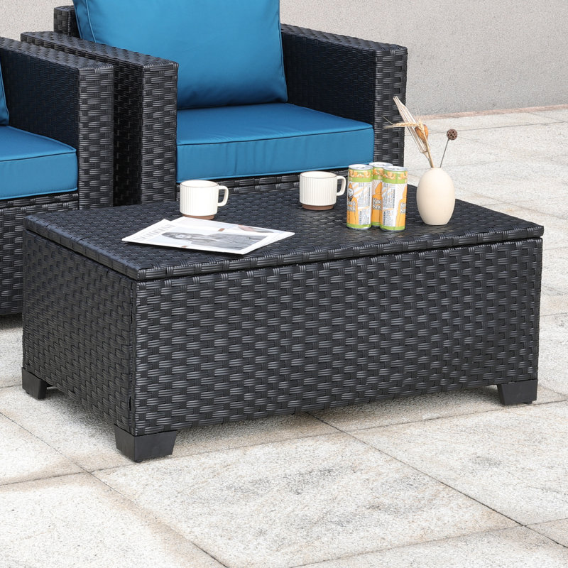 Outdoor Table with Storage Patio Table Wicker Coffee Table All-Weather Side Table Waterproof Cover, Black