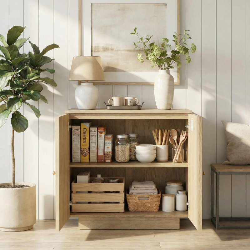 30,3 po Armoire de rangement avec 1 tablette et garniture dorée Accent Cabinet Office, Arche décorative, Chêne clair