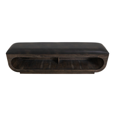 Wooden bench with a cushioned seat and open storage underneath. by Loon Peak