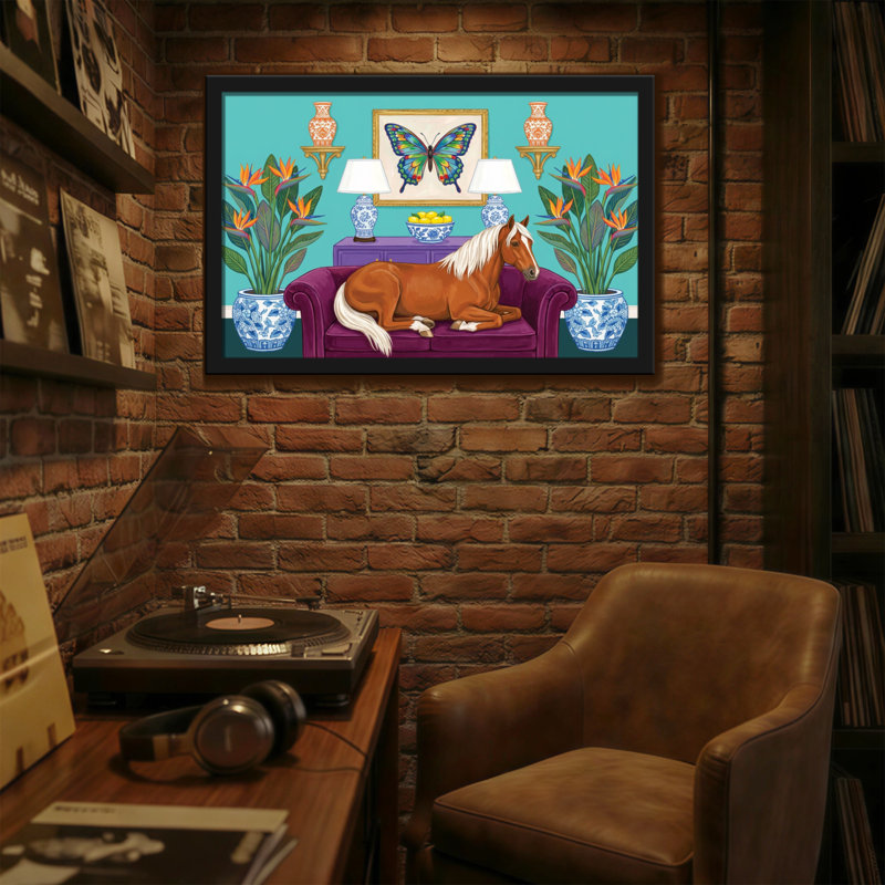 Animaux, cheval sur un canapé avec art papillon, H 20 po x l 30 po