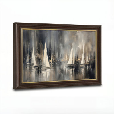 Art mural antique sur toile encadré doré pour le salon, la chambre à coucher, le bureau ou le vestibule - Décoration murale décorative avec reflet de voiliers