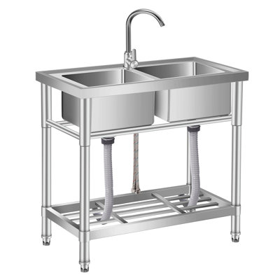 Stainless Steel Utility Sink, Free Standing Single Bowl Commercial Kitchen Sink with Faucet, Laundry Sink with Storage Shelve for Indoor & Outdoor