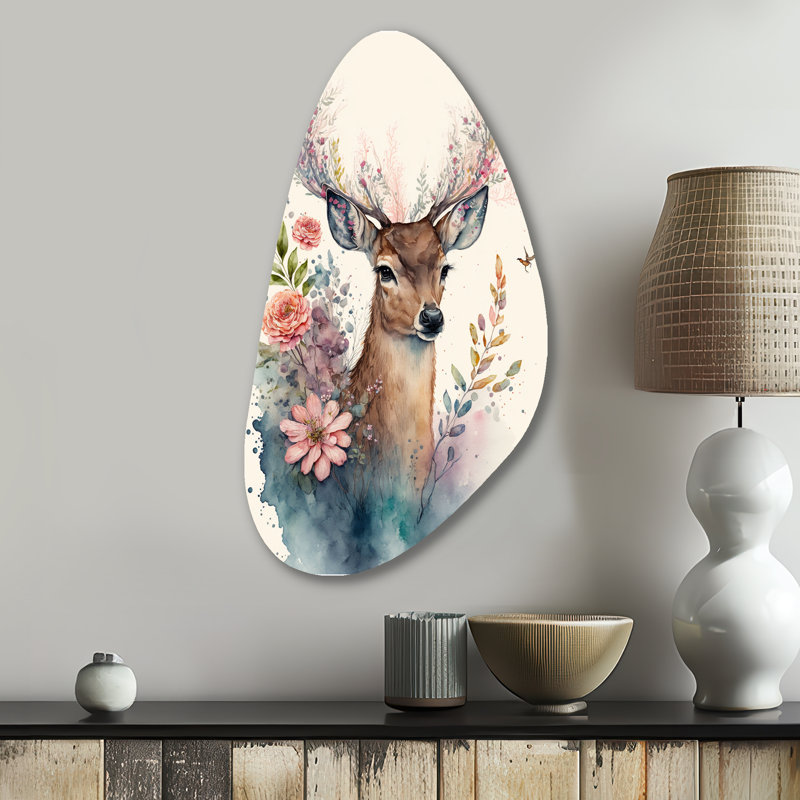 Mignon petit chevreuil avec fleurs roses - art animalier mural en forme d'automne, H 31 po x l 17 po