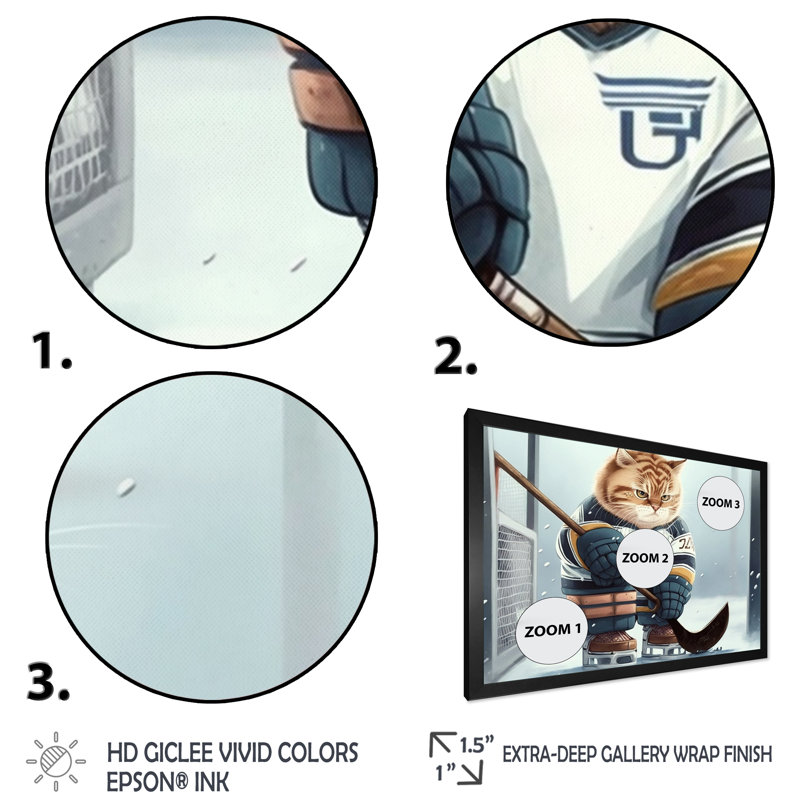 Dessin animé «Hocket Cat on Ice Rink II», impression sur toile, Impression noire sur toile encadrée