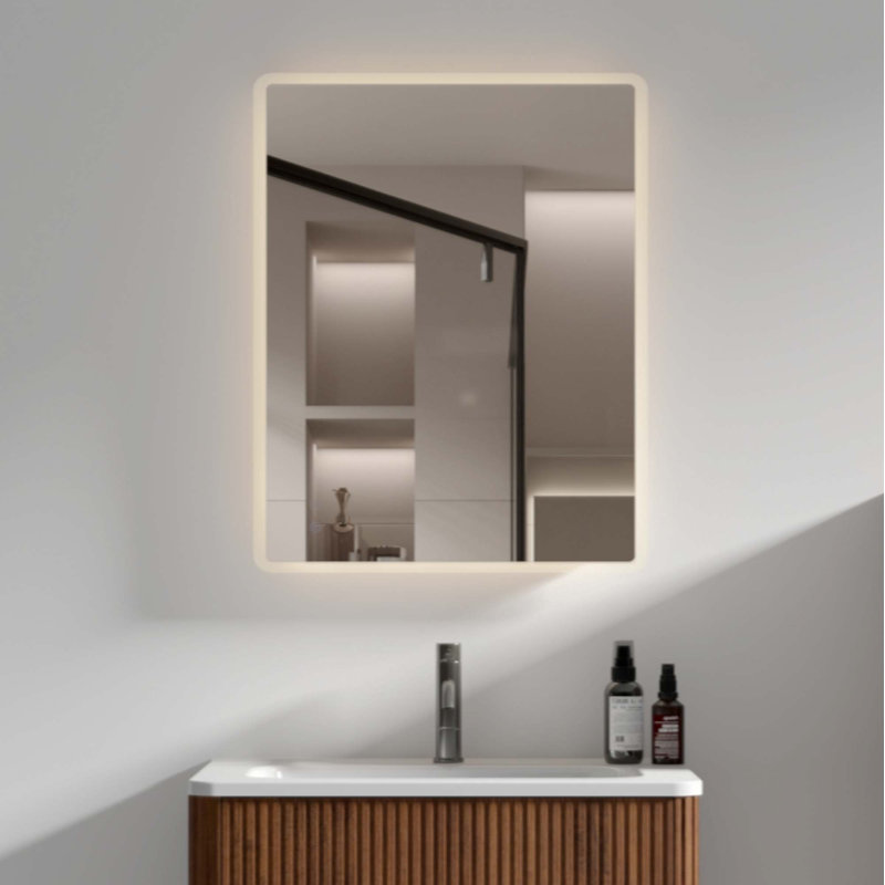 Miroir de salle de bain rectangulaire moderne rétro-éclairé à DEL mural anti-buée avec prise standard US, température réglable et fonction de mémorisation tactile