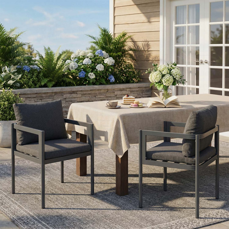 Ensemble de 2 chaises de salle à manger d'extérieur, structure en aluminium gris toutes saisons avec coussins en tissu gris, capacité de 300 lb